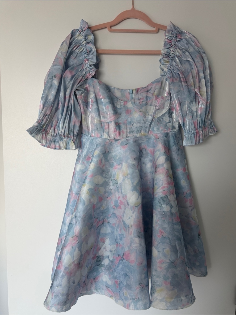 Selkie Pastel Blue Floral Puff Sleeve Dress